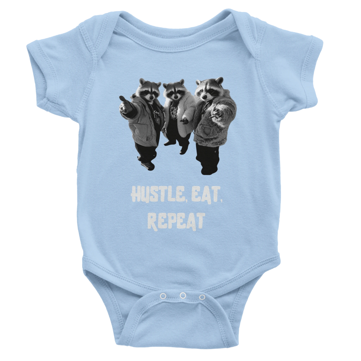 Hustle, Eat, Repeat Raccoon Baby Short Sleeve Bodysuit - ROMAG Store