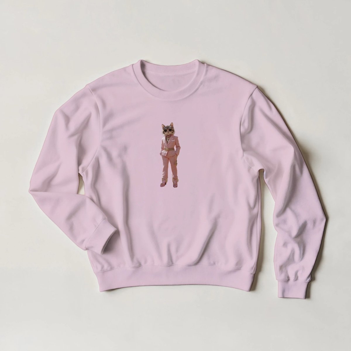 Sassy Feline Sweatshirt – Chic Pink Suit & Shades Streetwear Graphic - ROMAG Store