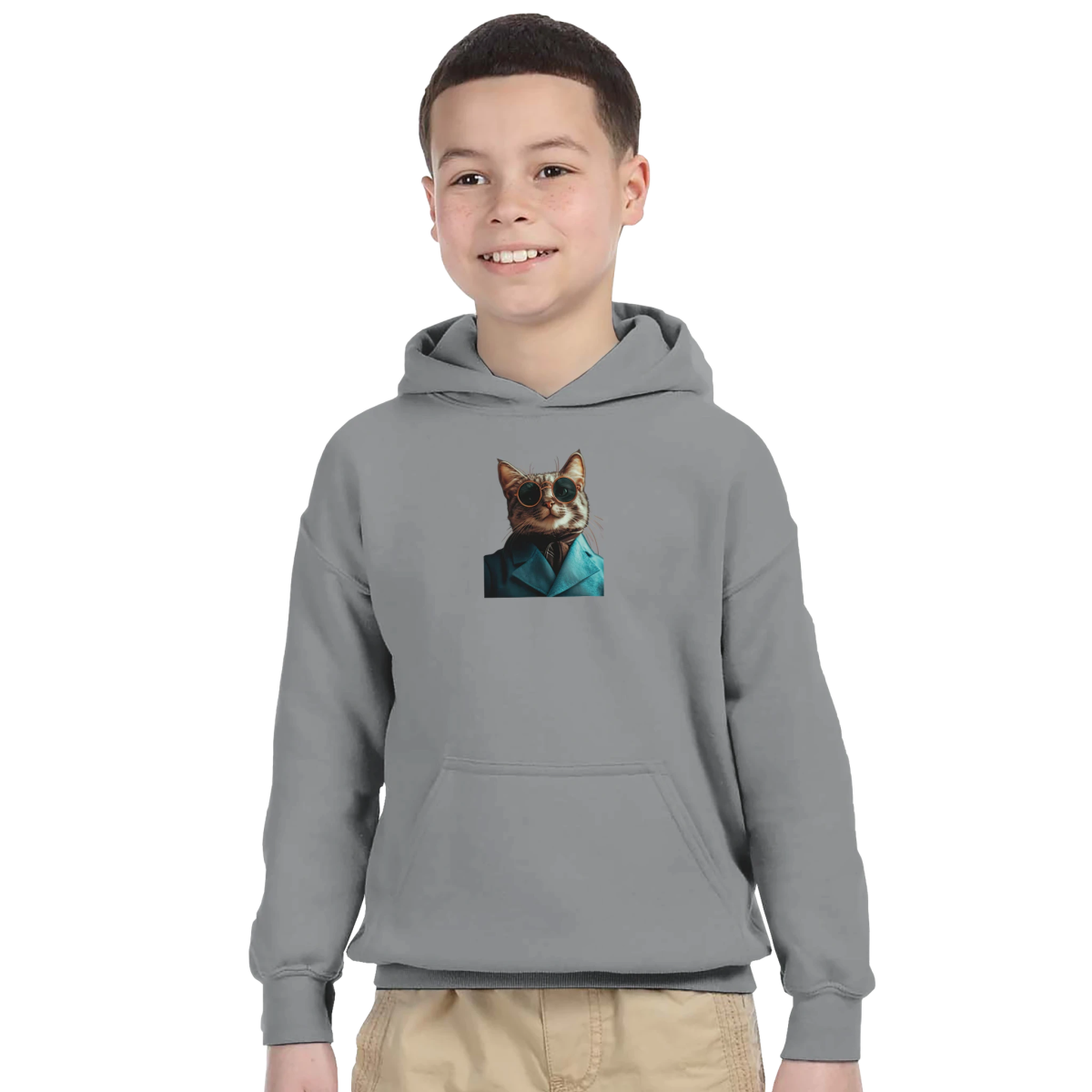 Chic Cat in Teal Suit Kids Hoodie - ROMAG Store