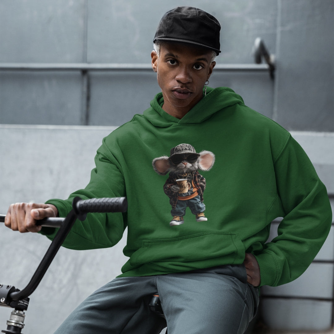 Person wearing a green hoodie with a animal graphic design, sitting on a bike.