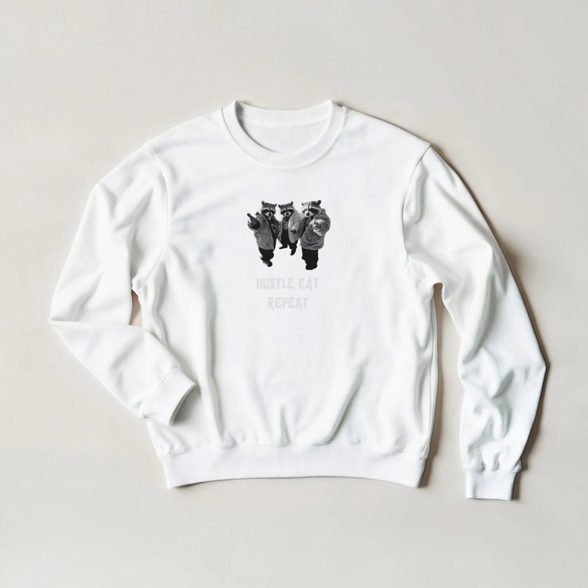 Hustle, Eat, Repeat Raccoon Sweatshirt – Edgy Streetwear Graphic in 6 Colors - ROMAG Store