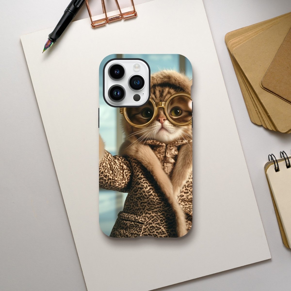 Chic Cat in Leopard Print Fur Coat iPhone Tough Case - ROMAG Store