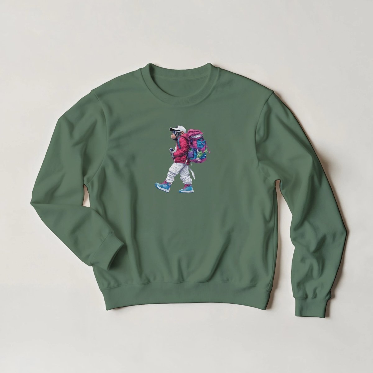 Chimp Trekker Sweatshirt – Bold Streetwear Graphic with Backpack Vibe - ROMAG Store