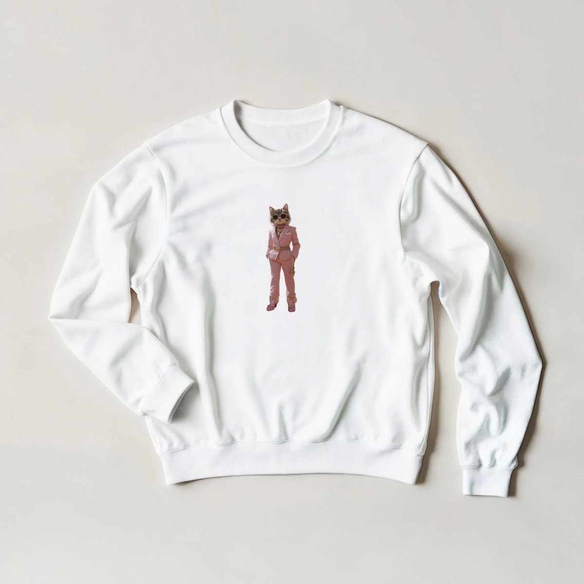 Sassy Feline Sweatshirt – Chic Pink Suit & Shades Streetwear Graphic - ROMAG Store