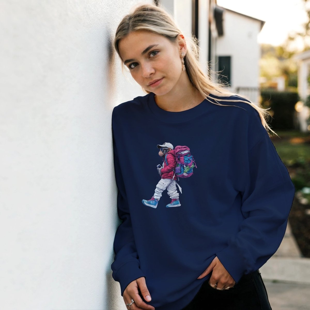 Chimp Trekker Sweatshirt – Bold Streetwear Graphic with Backpack Vibe - ROMAG Store