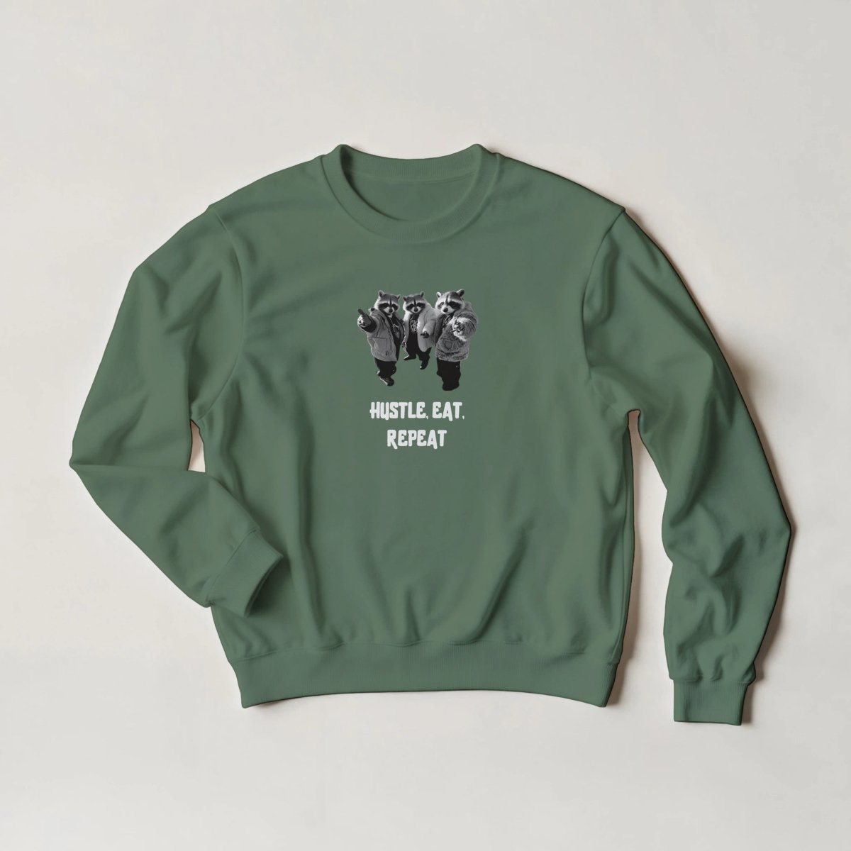 Hustle, Eat, Repeat Raccoon Sweatshirt – Edgy Streetwear Graphic in 6 Colors - ROMAG Store