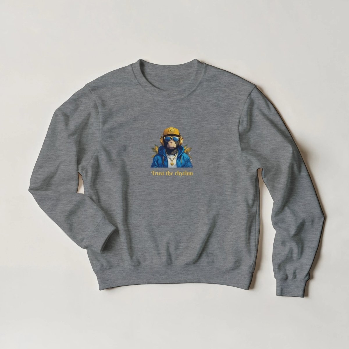 Chimp DJ Sweatshirt – 'Trust the Rhythm' Streetwear Graphic in Your Choice of Six Bold Hues - ROMAG Store
