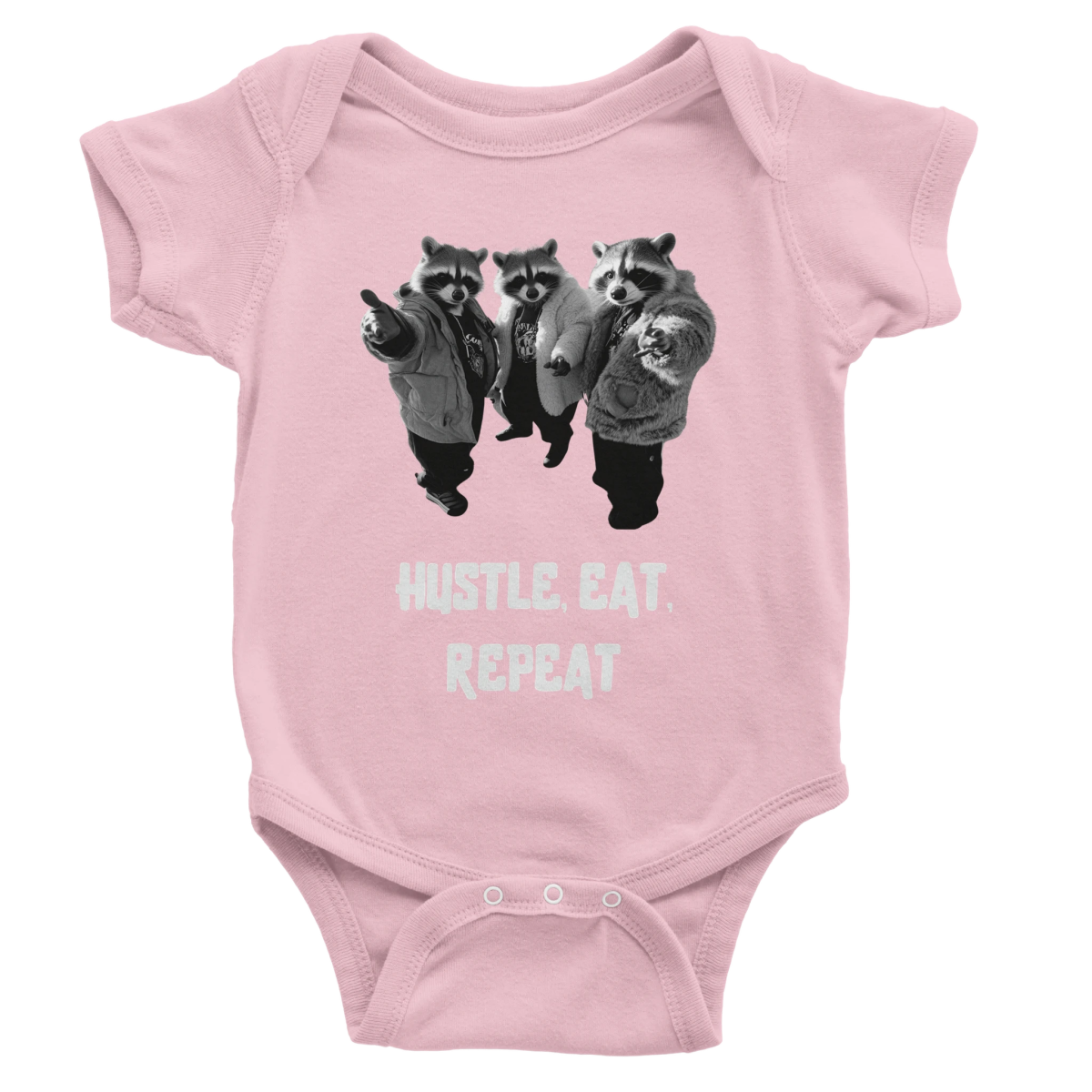 Hustle, Eat, Repeat Raccoon Baby Short Sleeve Bodysuit - ROMAG Store
