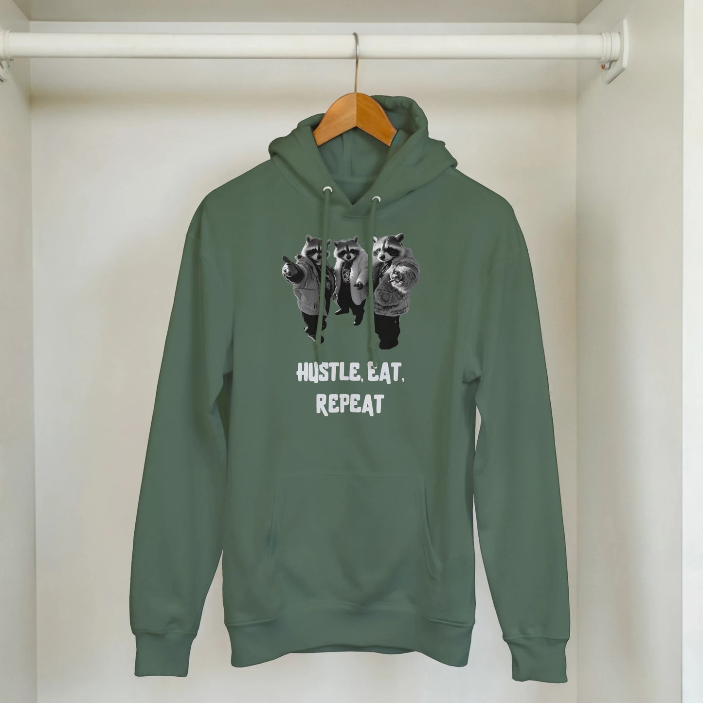 Hustle, Eat, Repeat Raccoon Hoodie - ROMAG Store