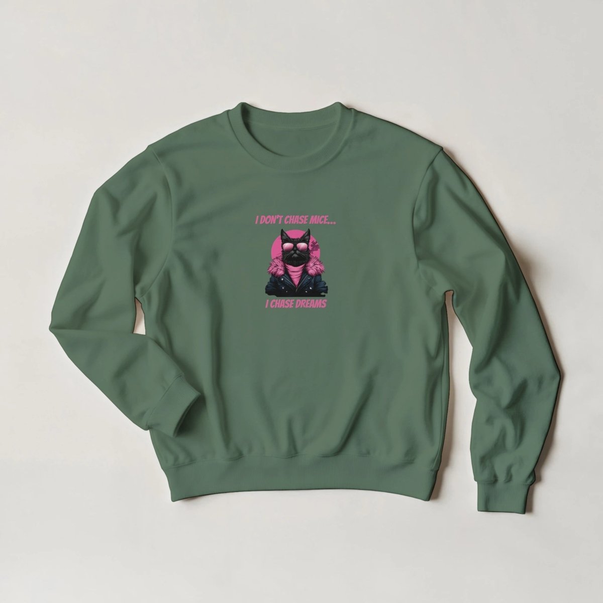 Dream Chaser Cat Sweatshirt – Pink Aesthetic Streetwear Graphic in 6 Colors - ROMAG Store