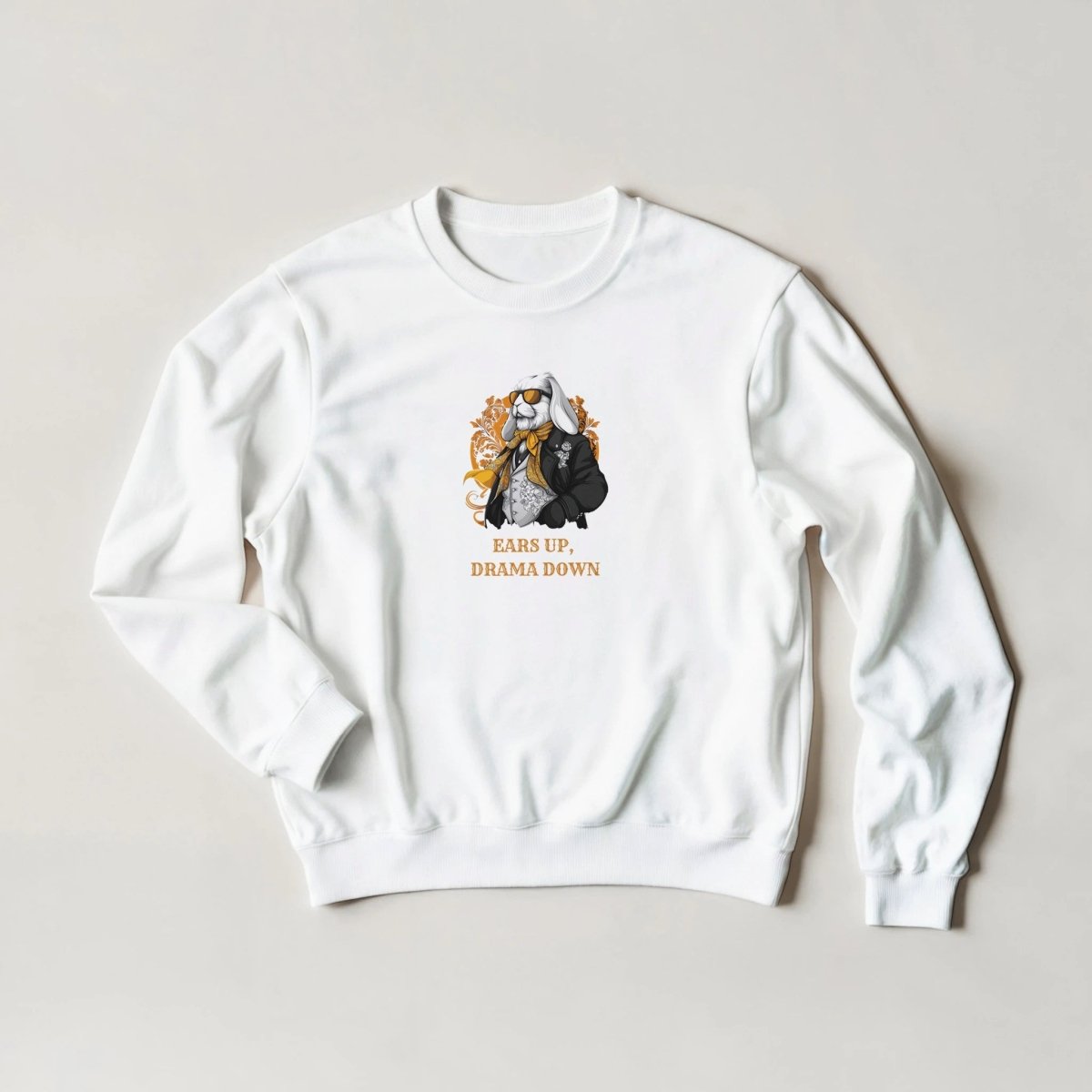Sophisticated Bunny Sweatshirt – 'Ears Up, Drama Down' Streetwear Graphic in Six Colors - ROMAG Store