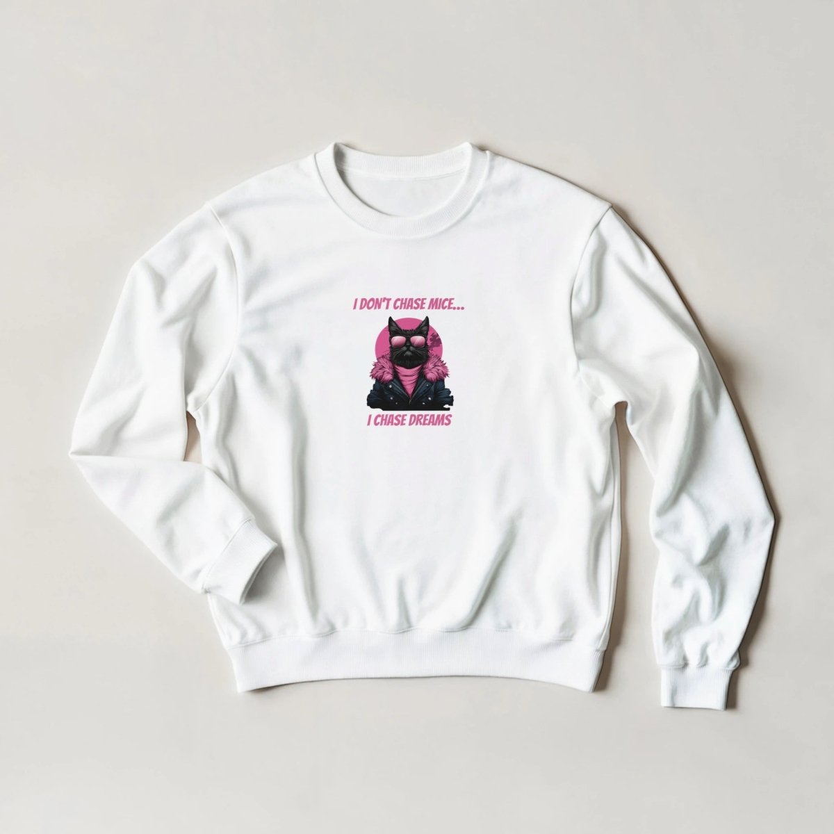 Dream Chaser Cat Sweatshirt – Pink Aesthetic Streetwear Graphic in 6 Colors - ROMAG Store