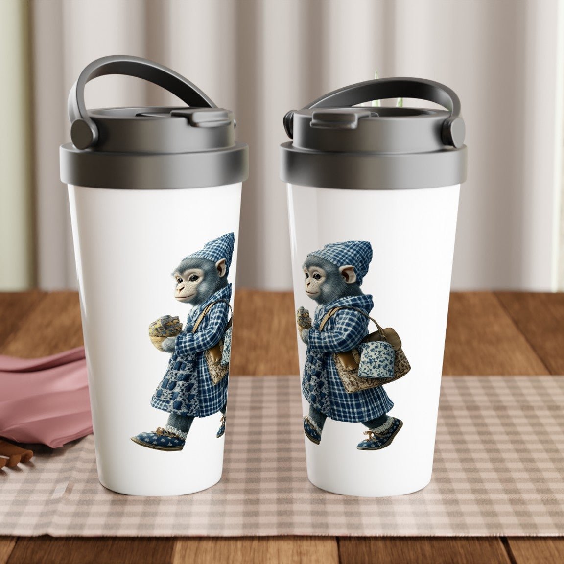 Chic Plaid Monkey Stainless Steel Travel Mug - ROMAG Store