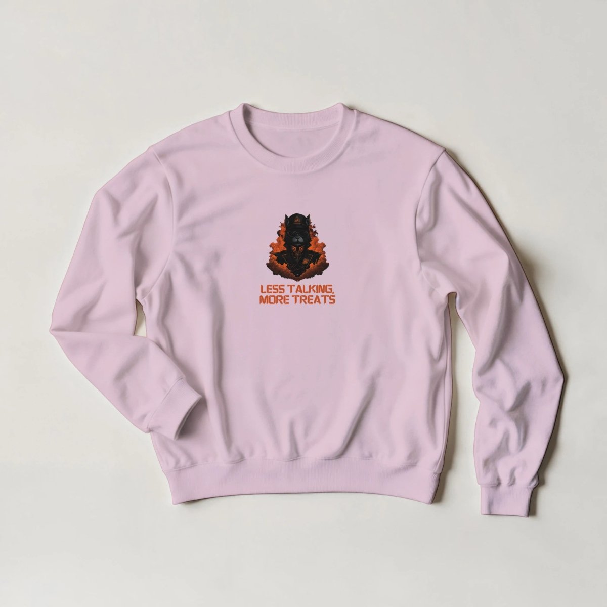 Fiery Black Cat Streetwear Sweatshirt – "Less Talking, More Treats" Graphic Tee in 6 Colors - ROMAG Store
