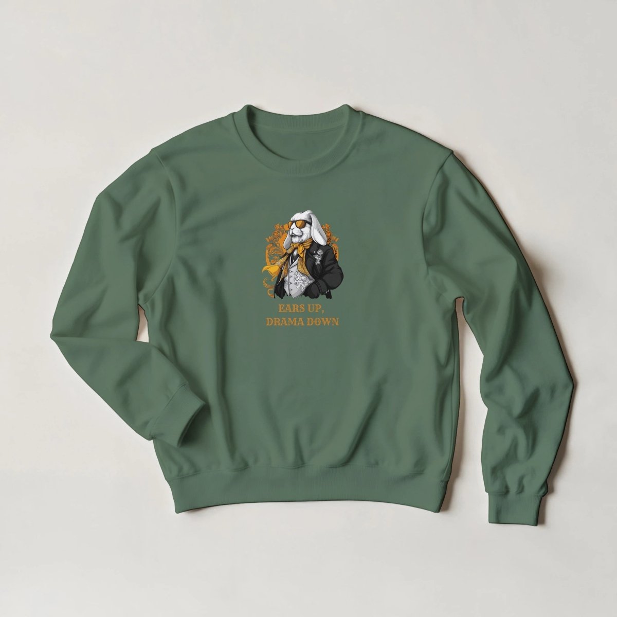 Sophisticated Bunny Sweatshirt – 'Ears Up, Drama Down' Streetwear Graphic in Six Colors - ROMAG Store