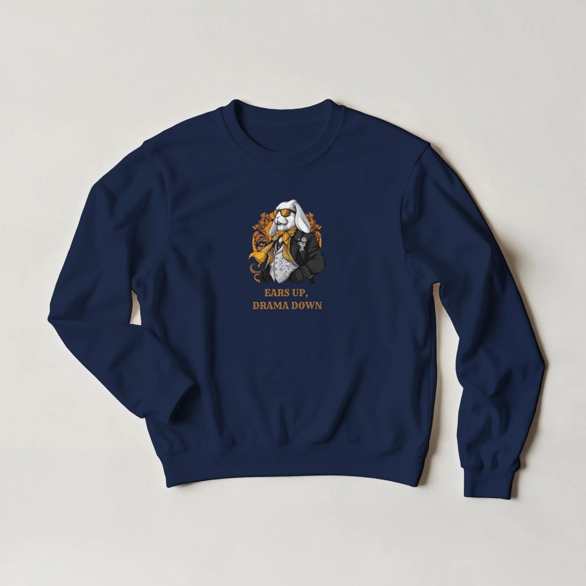 Sophisticated Bunny Sweatshirt – 'Ears Up, Drama Down' Streetwear Graphic in Six Colors - ROMAG Store