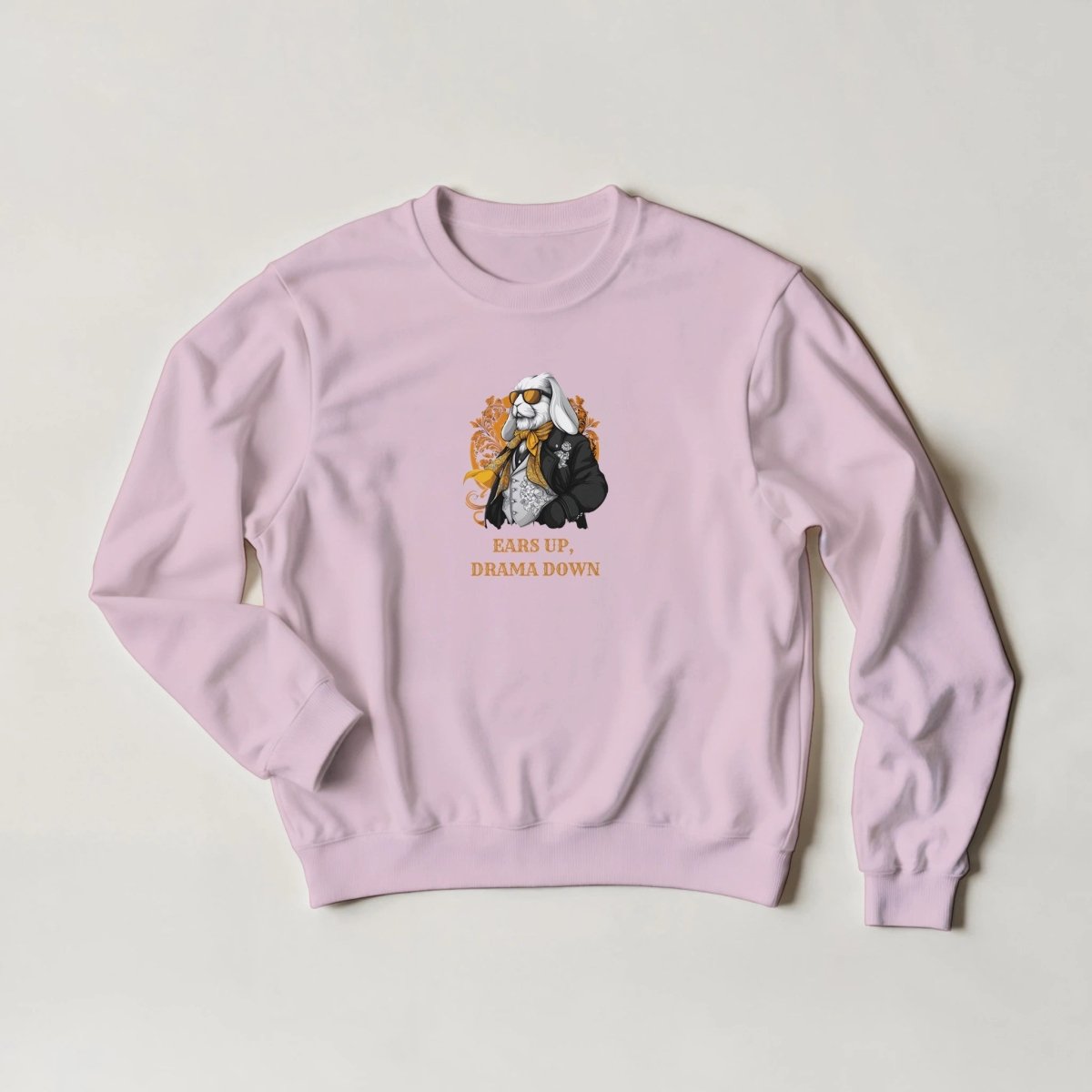 Sophisticated Bunny Sweatshirt – 'Ears Up, Drama Down' Streetwear Graphic in Six Colors - ROMAG Store