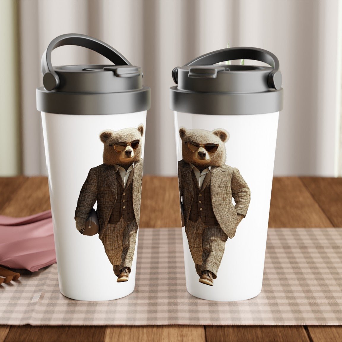 Dapper Bear Brown Plaid Suit Travel Mug - ROMAG Store