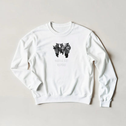 Hustle, Eat, Repeat Raccoon Sweatshirt – Edgy Streetwear Graphic in 6 Colors - ROMAG Store