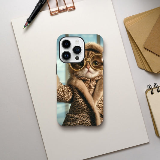 Chic Cat in Leopard Print Fur Coat iPhone Tough Case - ROMAG Store