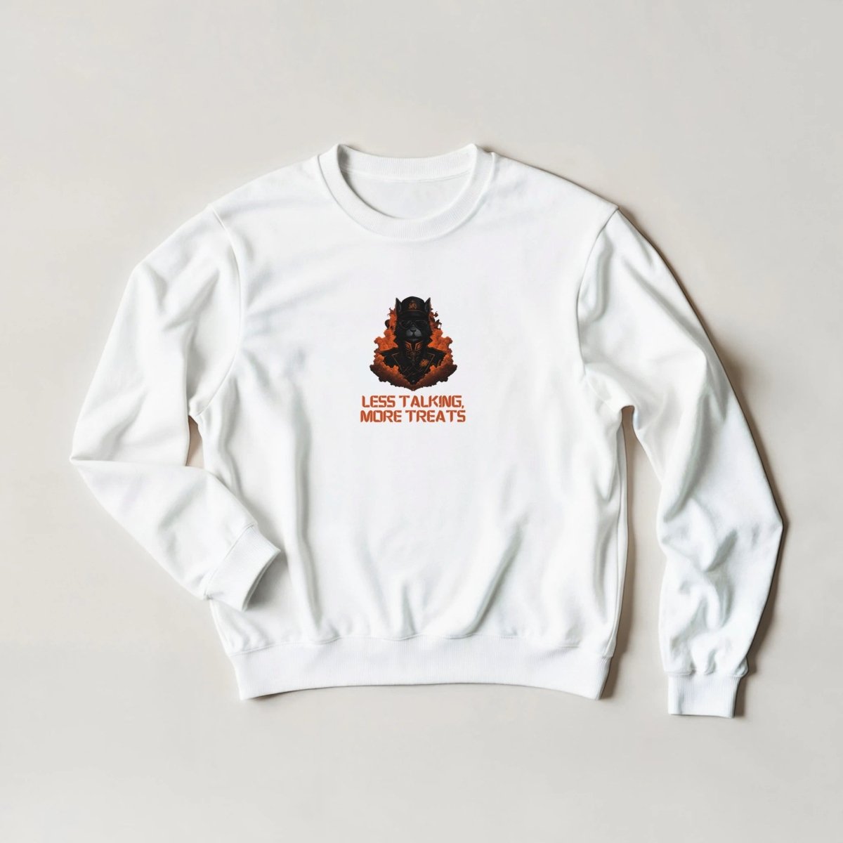 Fiery Black Cat Streetwear Sweatshirt – "Less Talking, More Treats" Graphic Tee in 6 Colors - ROMAG Store