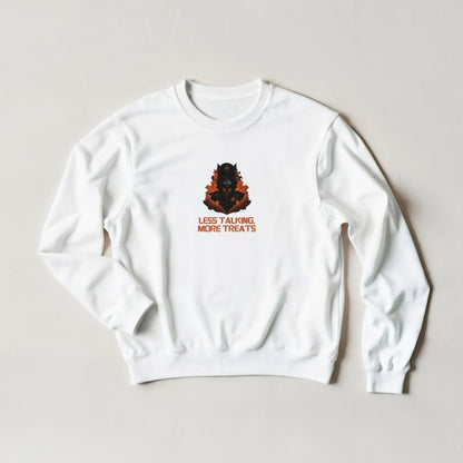 Fiery Black Cat Streetwear Sweatshirt – "Less Talking, More Treats" Graphic Tee in 6 Colors - ROMAG Store