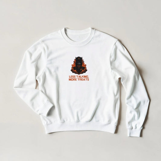 Fiery Black Cat Streetwear Sweatshirt – "Less Talking, More Treats" Graphic Tee in 6 Colors - ROMAG Store