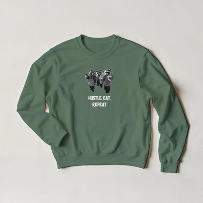 Hustle, Eat, Repeat Raccoon Sweatshirt – Edgy Streetwear Graphic in 6 Colors - ROMAG Store