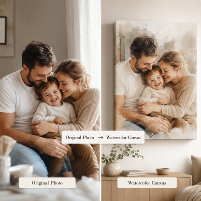 Original photo of a family and watercolor canvas version of the same scene in a living room.