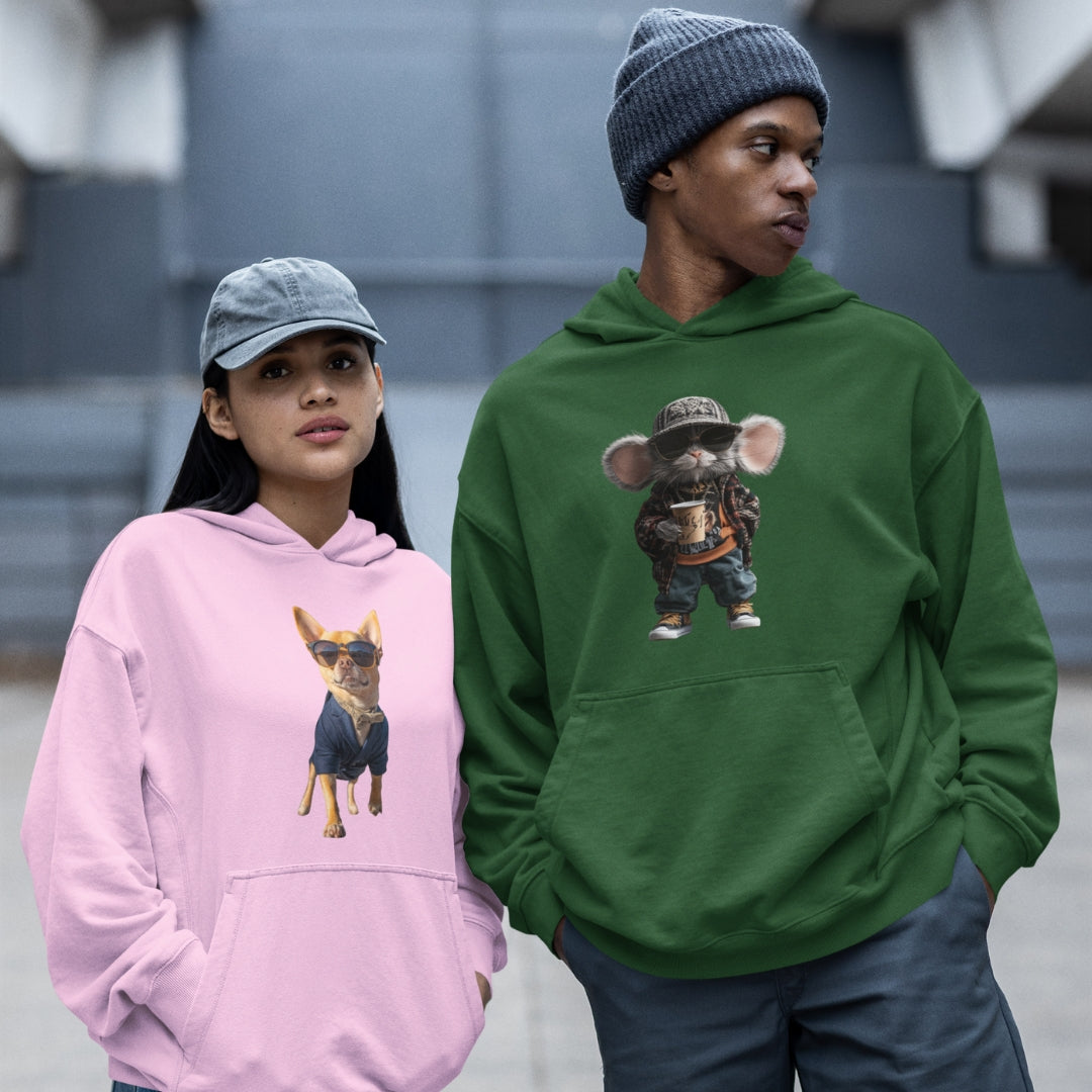 Two people wearing hoodies with animal illustrations, one pink and one green, standing outdoors.
