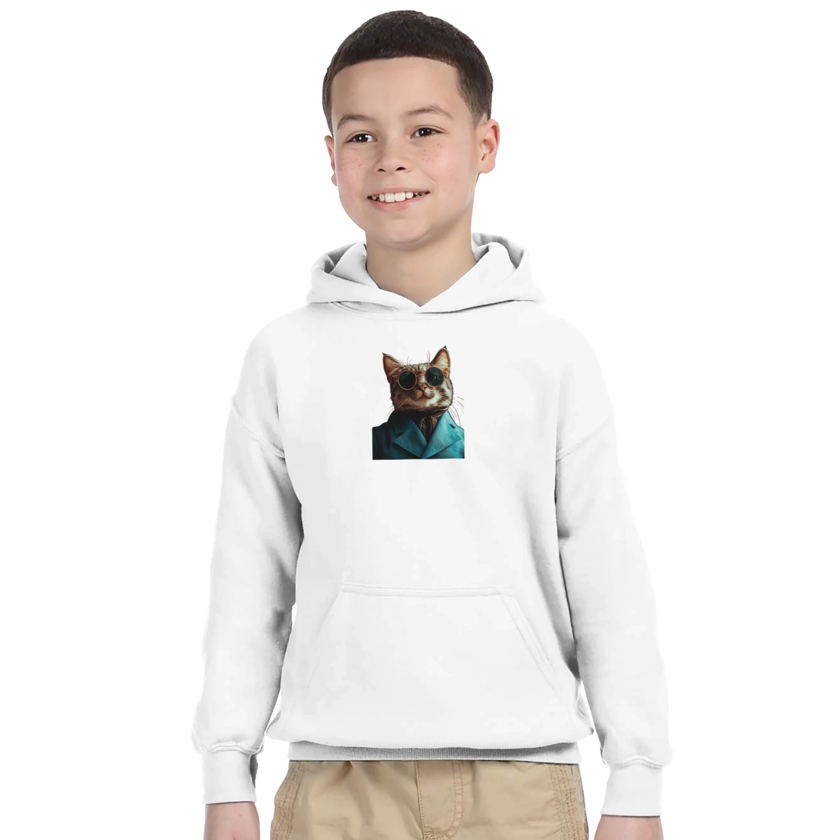 Chic Cat in Teal Suit Kids Hoodie - ROMAG Store