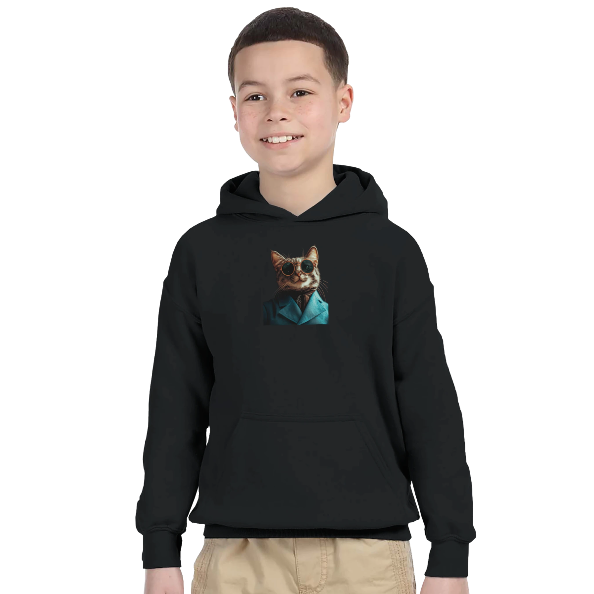 Chic Cat in Teal Suit Kids Hoodie - ROMAG Store