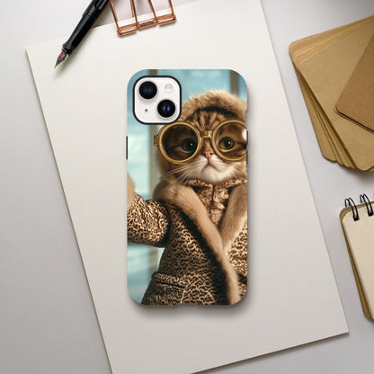Chic Cat in Leopard Print Fur Coat iPhone Tough Case - ROMAG Store