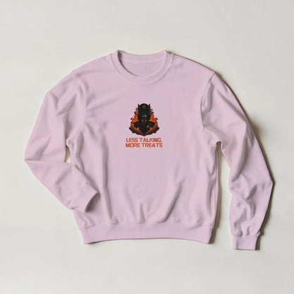 Fiery Black Cat Streetwear Sweatshirt – "Less Talking, More Treats" Graphic Tee in 6 Colors - ROMAG Store