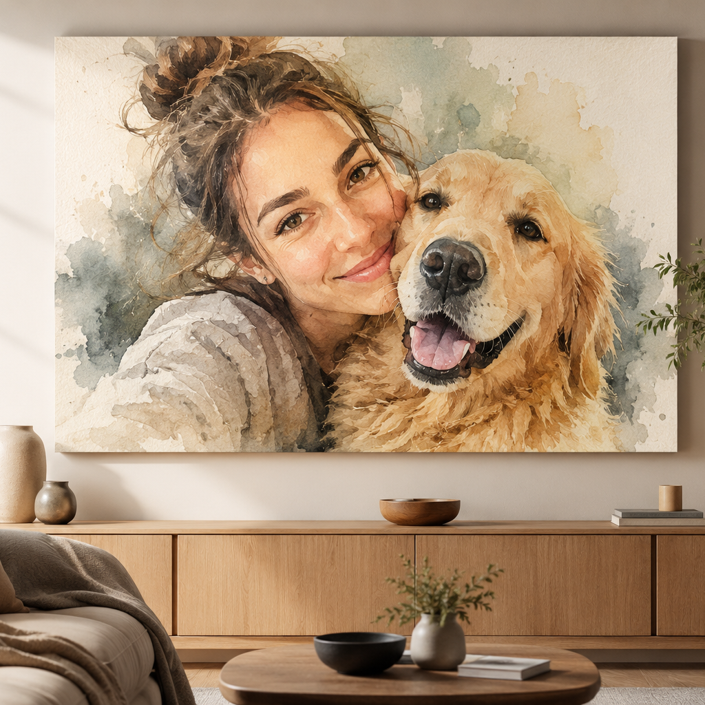 Large wall art of a woman and a dog in a living room setting.