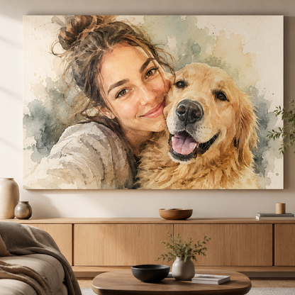 Large wall art of a woman and a dog in a living room setting.