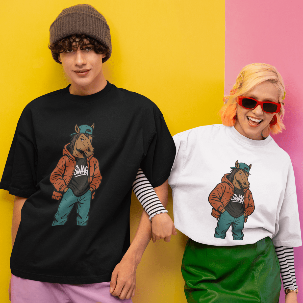 Two people wearing t-shirts with a cartoon horse design on a colorful background