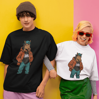 Two people wearing t-shirts with a cartoon horse design on a colorful background