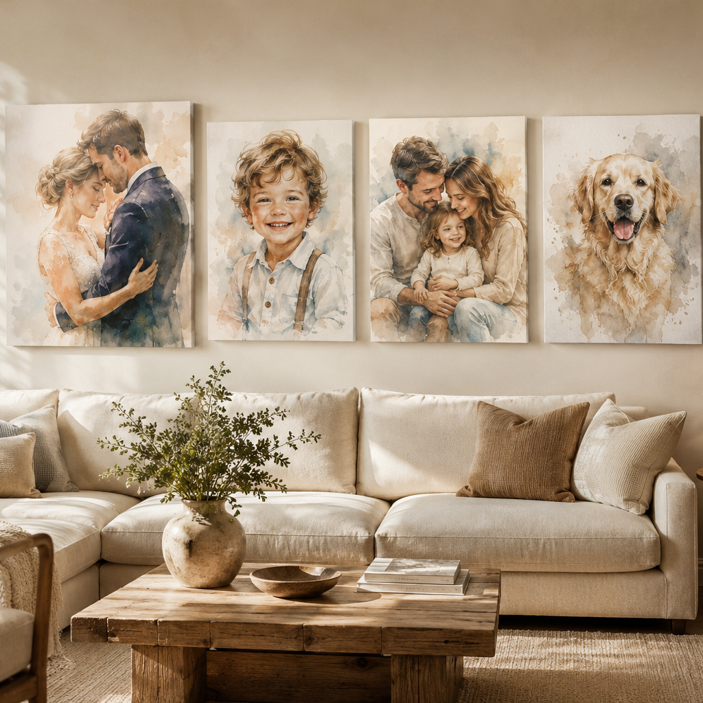 Living room with family-themed wall art and a beige sofa.
